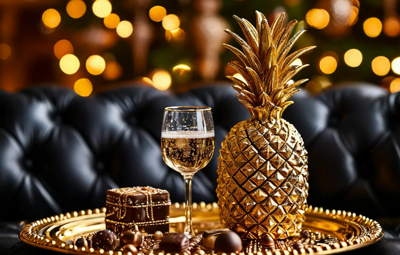 Photo wallpaper gold, new year, pineapple