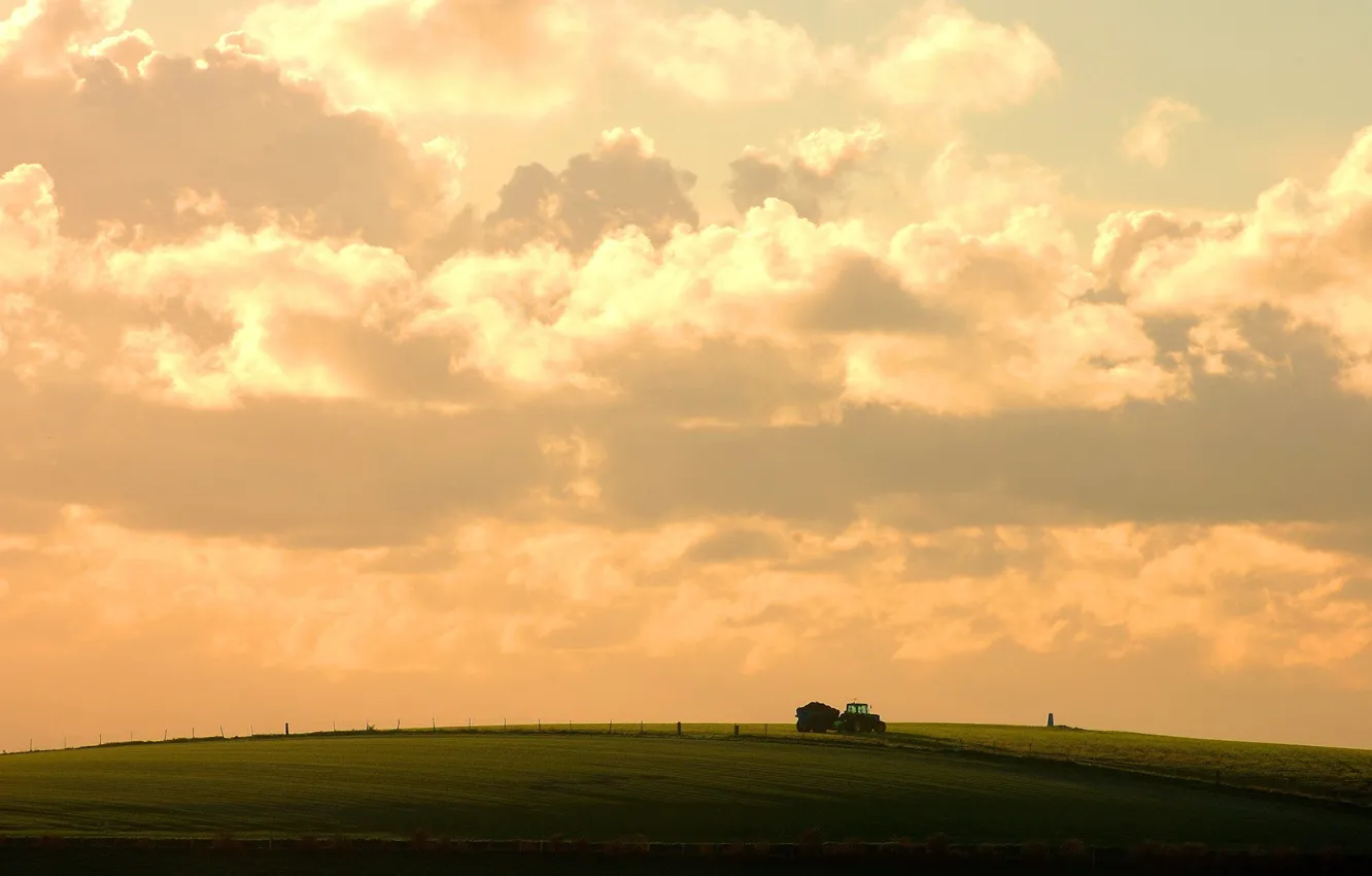 Photo wallpaper field, the sky, clouds, tractor