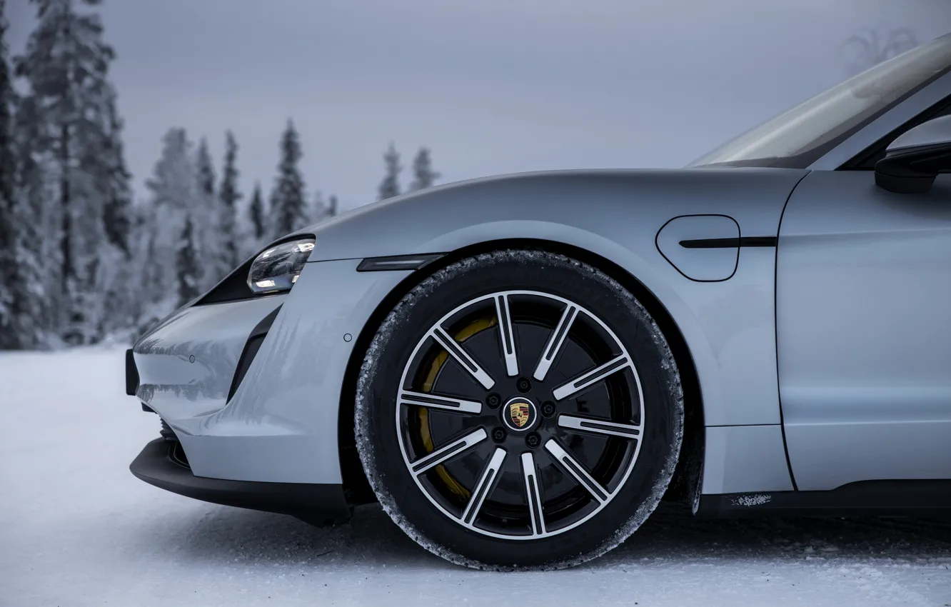 Photo wallpaper snow, grey, Porsche, the front part, 2020, Taycan, Taycan 4S
