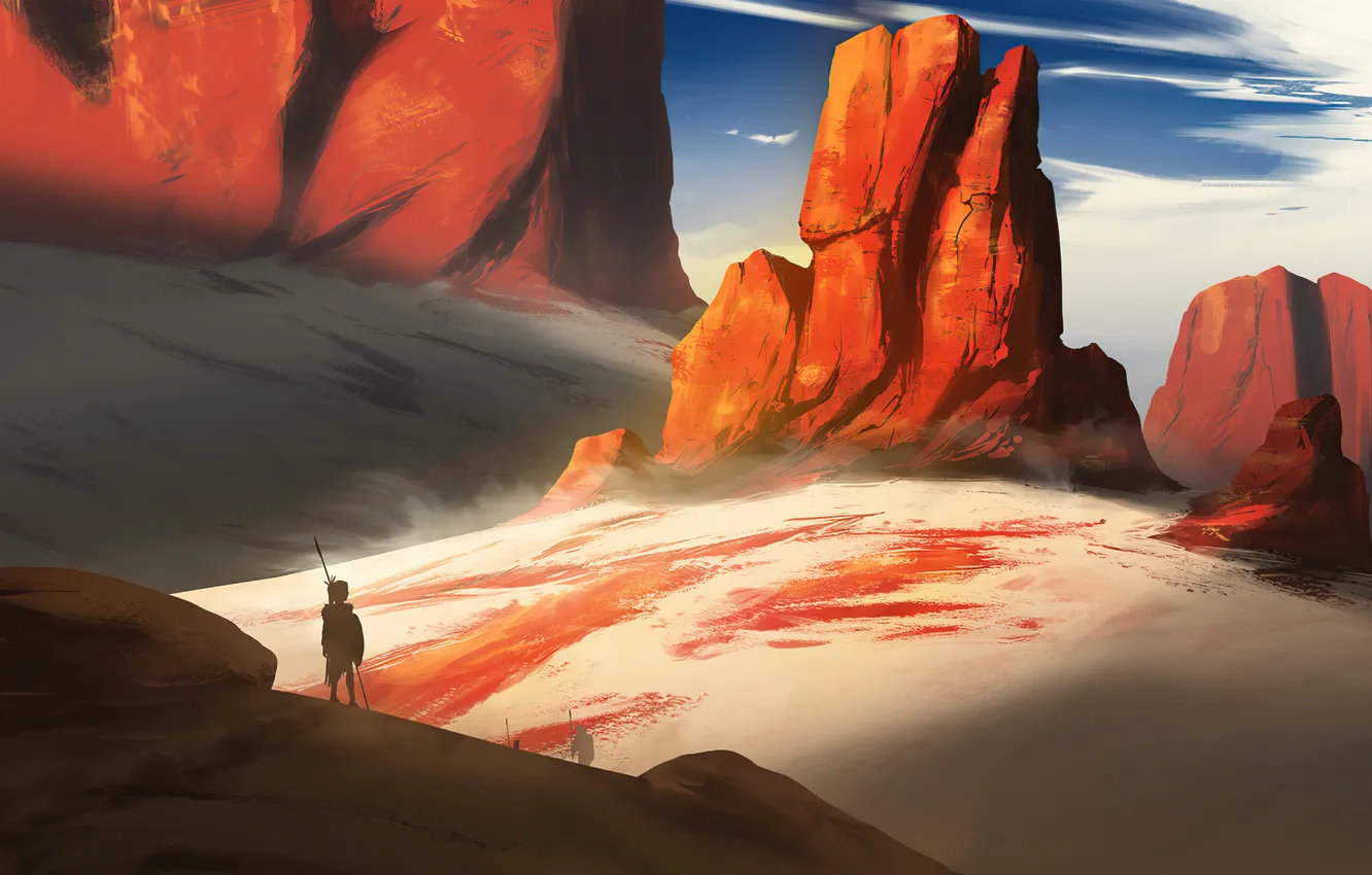 Photo wallpaper red, landscape, rocks, red liquid