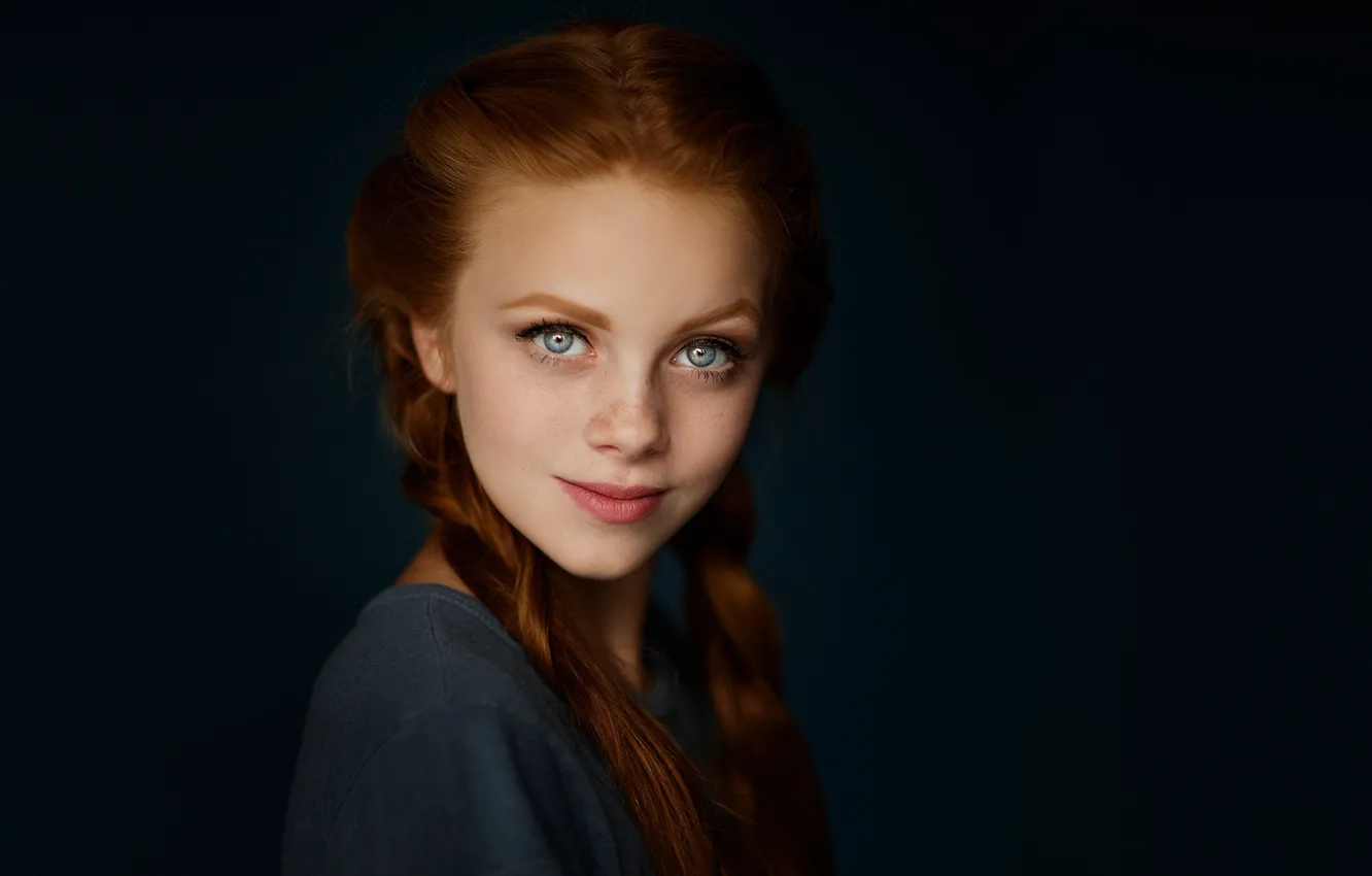 Photo wallpaper eyes, girl, smile, hair, freckles, Red, Scarlett, Sergei Bidong