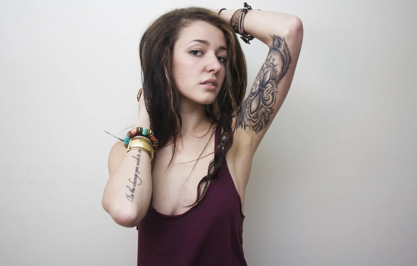 Photo wallpaper girl, wall, woman, model, tattoo, brunette, tattoos, female