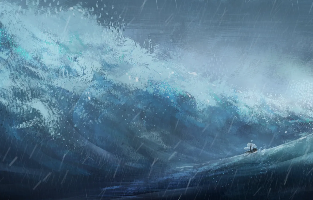 Photo wallpaper sea, wave, storm, rain, ship