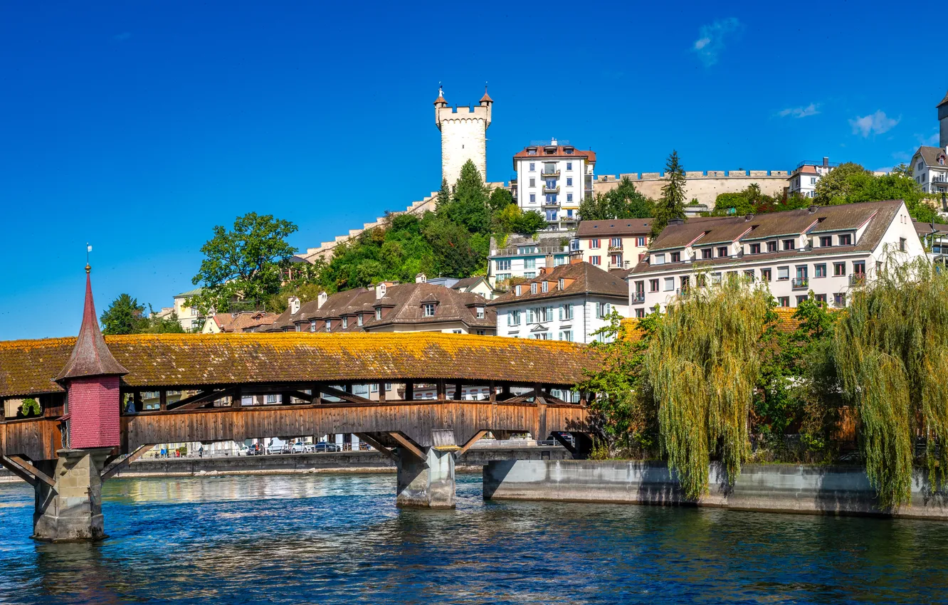 Photo wallpaper bridge, building, Switzerland, Lucerne