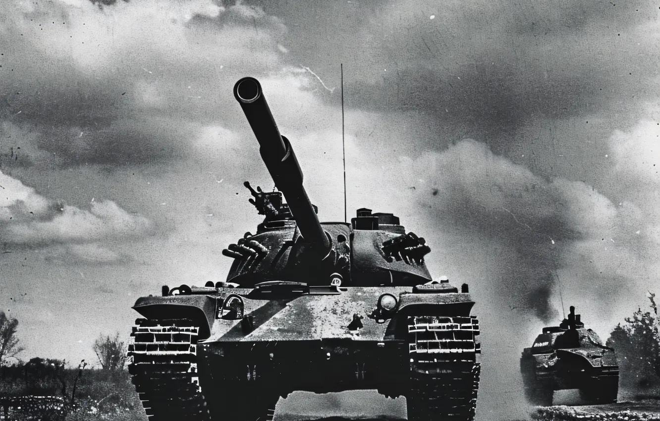 Photo wallpaper clouds, retro, tank, black and white, front, digital art, AI art, The Art of Artificial …