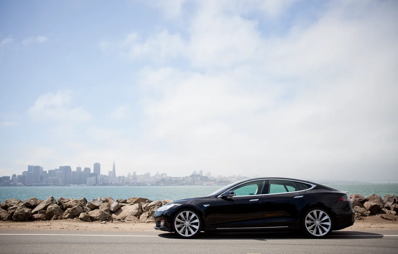 Photo wallpaper stones, shore, Tesla, electric car, model s