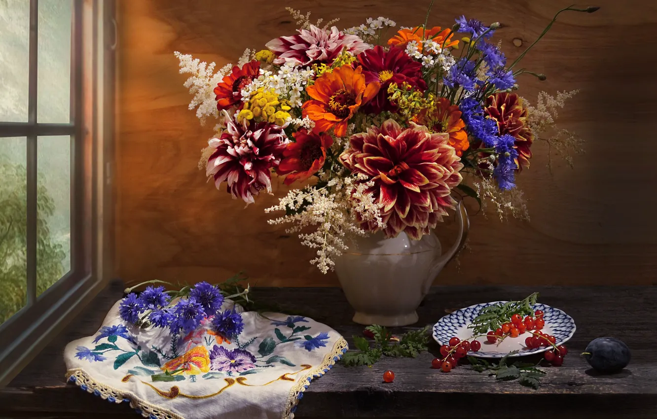 Photo wallpaper flowers, berries, window, plate, pitcher, still life, currants, napkin