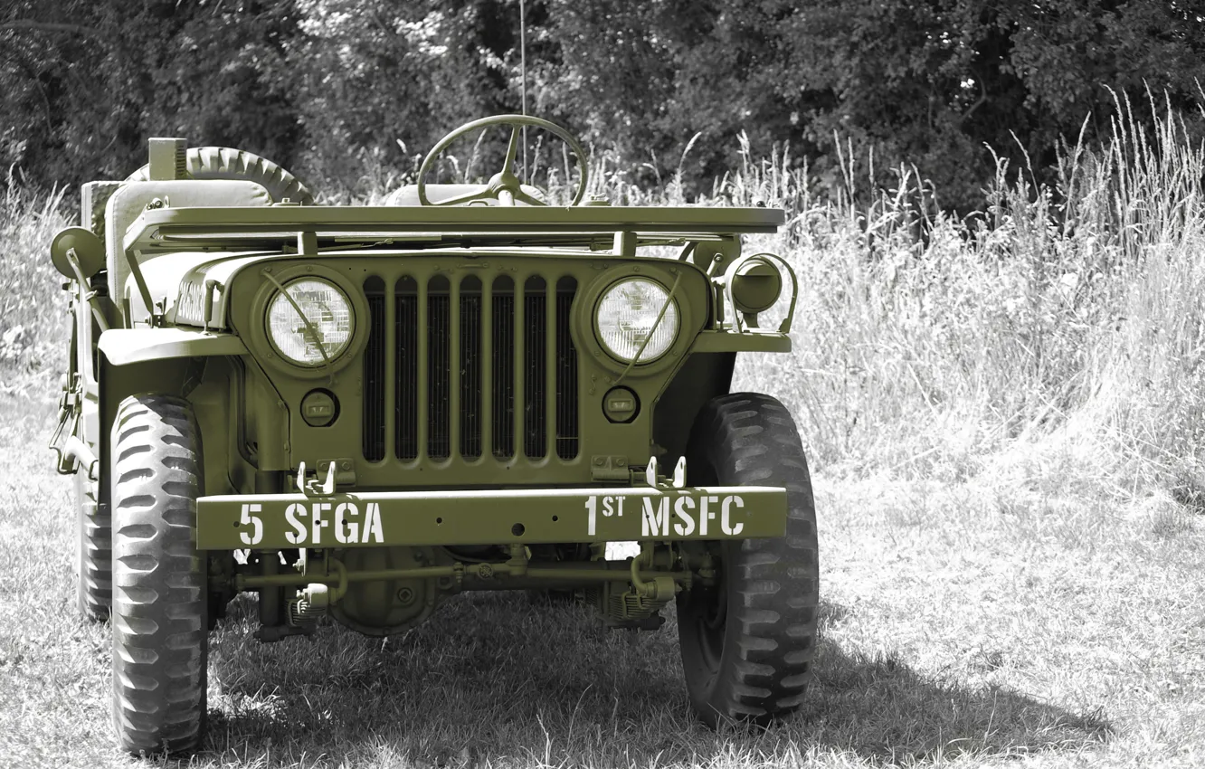 Photo wallpaper grass, time, war, car, the front, army, Jeep, high