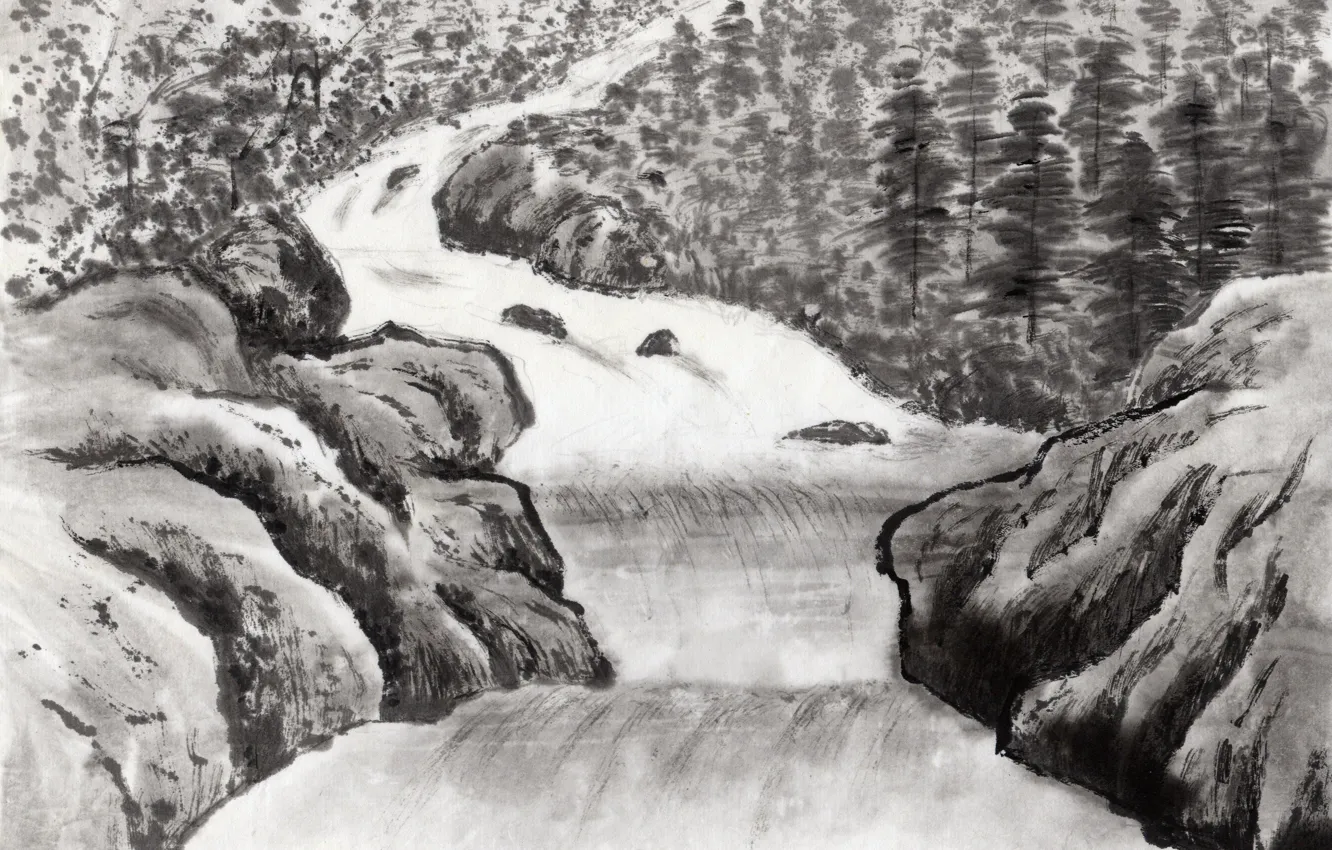 Photo wallpaper trees, river, rocks, shore, figure, graphics, painting