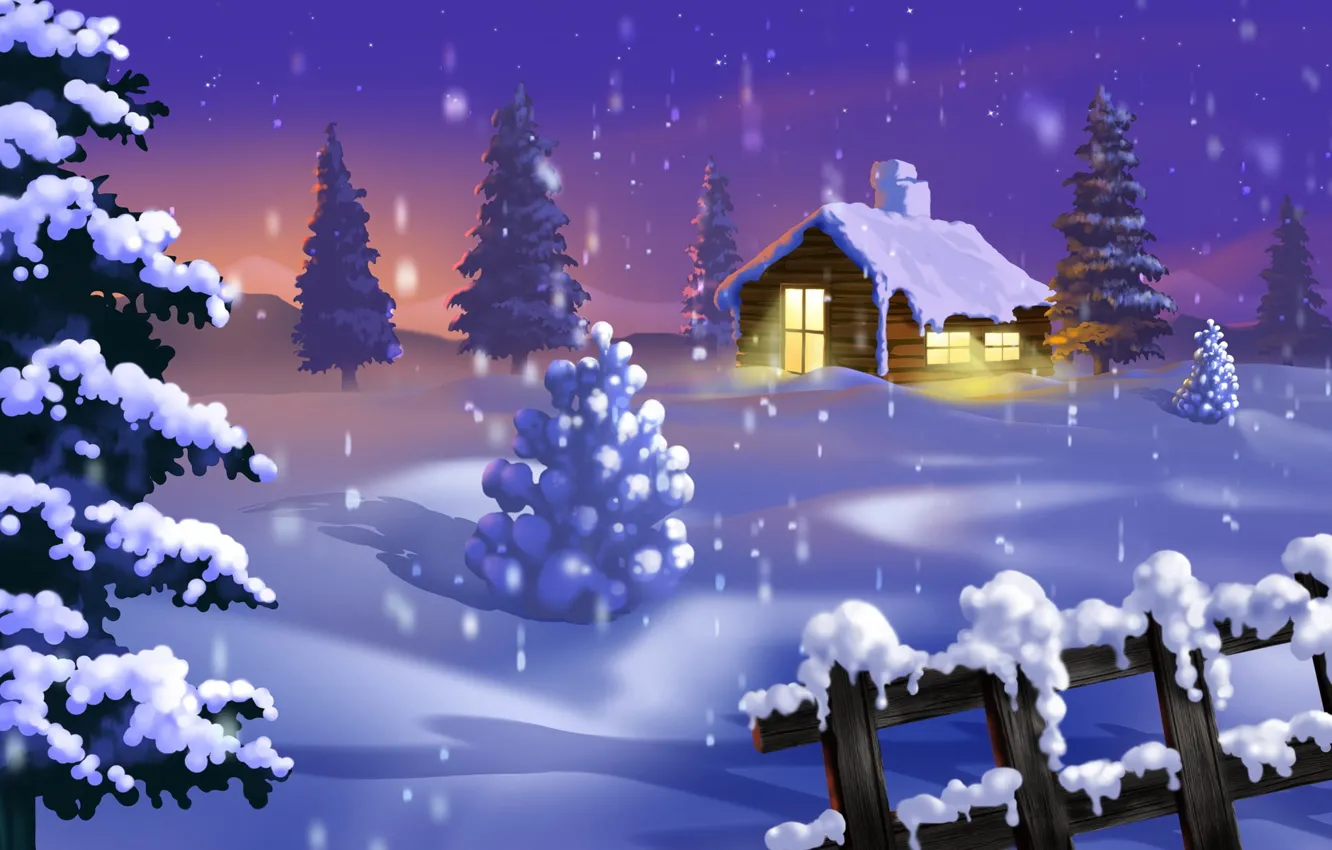 Photo wallpaper winter, snow, trees, house