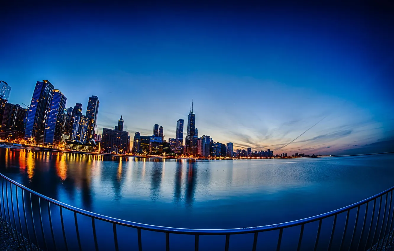 Photo wallpaper The evening, Lights, Panorama, Chicago, Skyscrapers, Building, America, Chicago