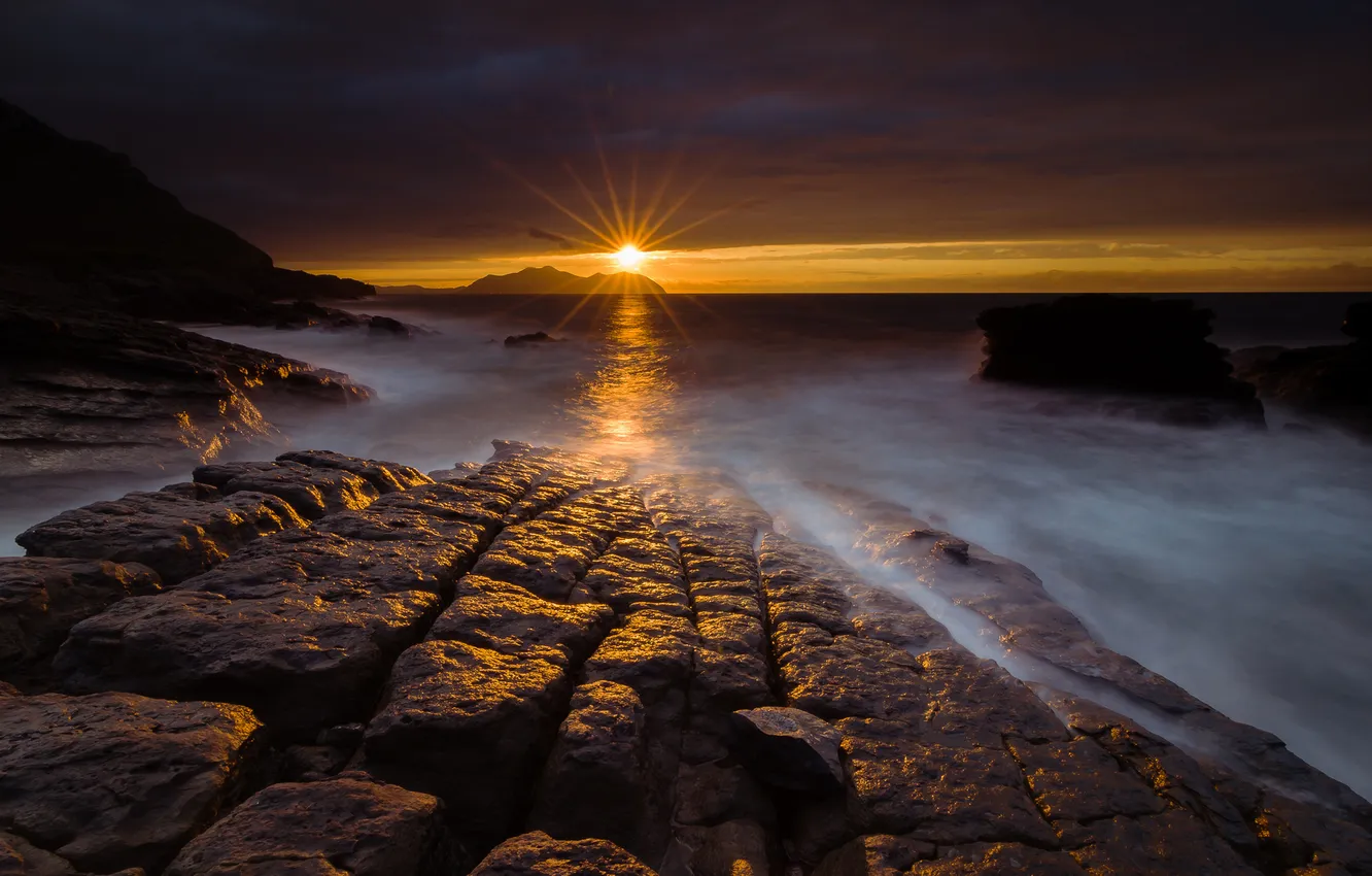 Photo wallpaper water, the sun, landscape, sunset, stones