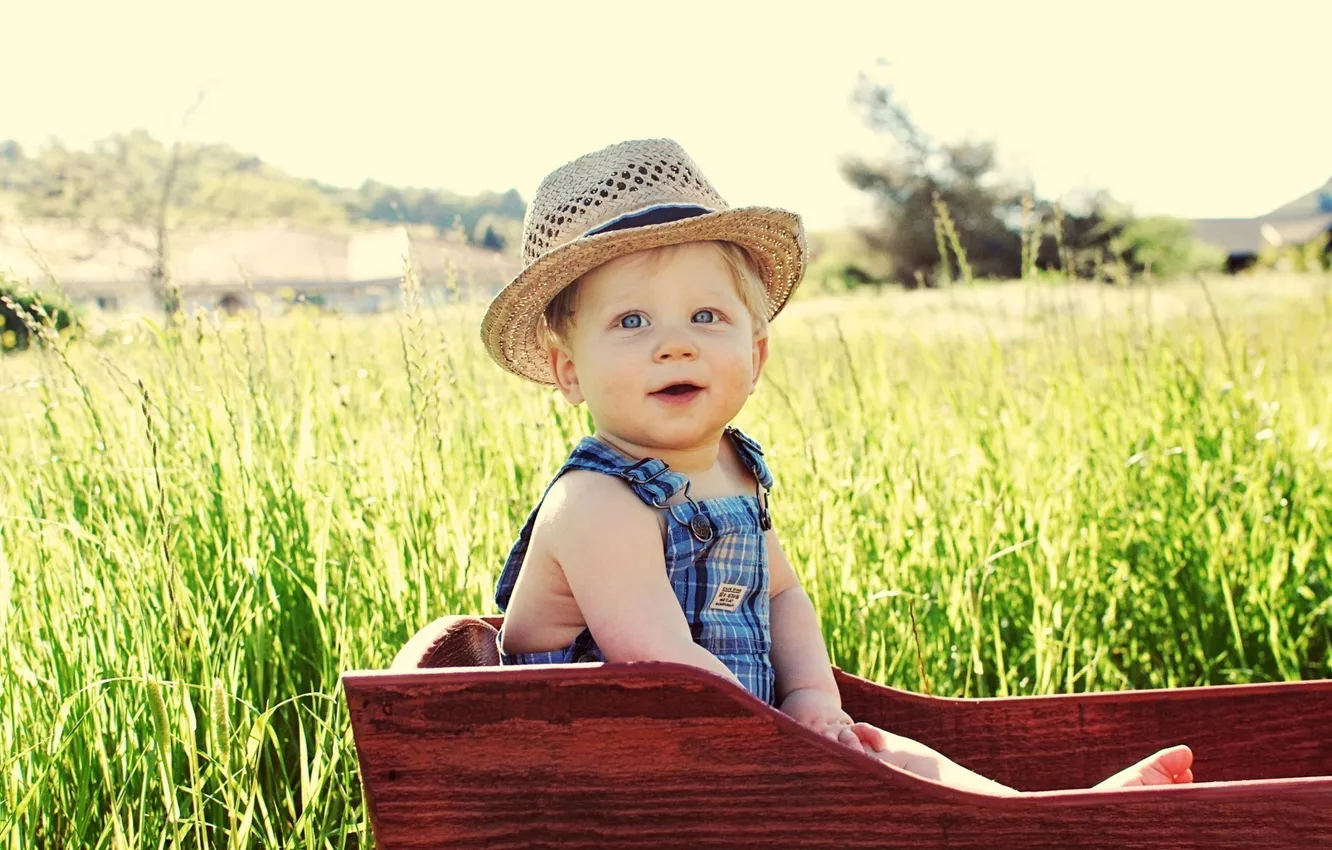 Photo wallpaper greens, grass, joy, landscape, nature, children, smile, mood