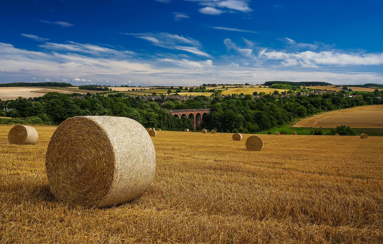 Photo wallpaper field, the sky, clouds, bridge, village, hay, farm