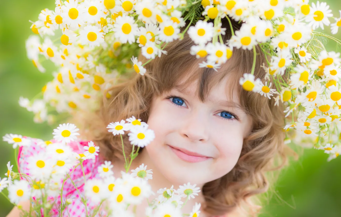 Photo wallpaper flowers, smile, girl, wreath, child, blue-eyed