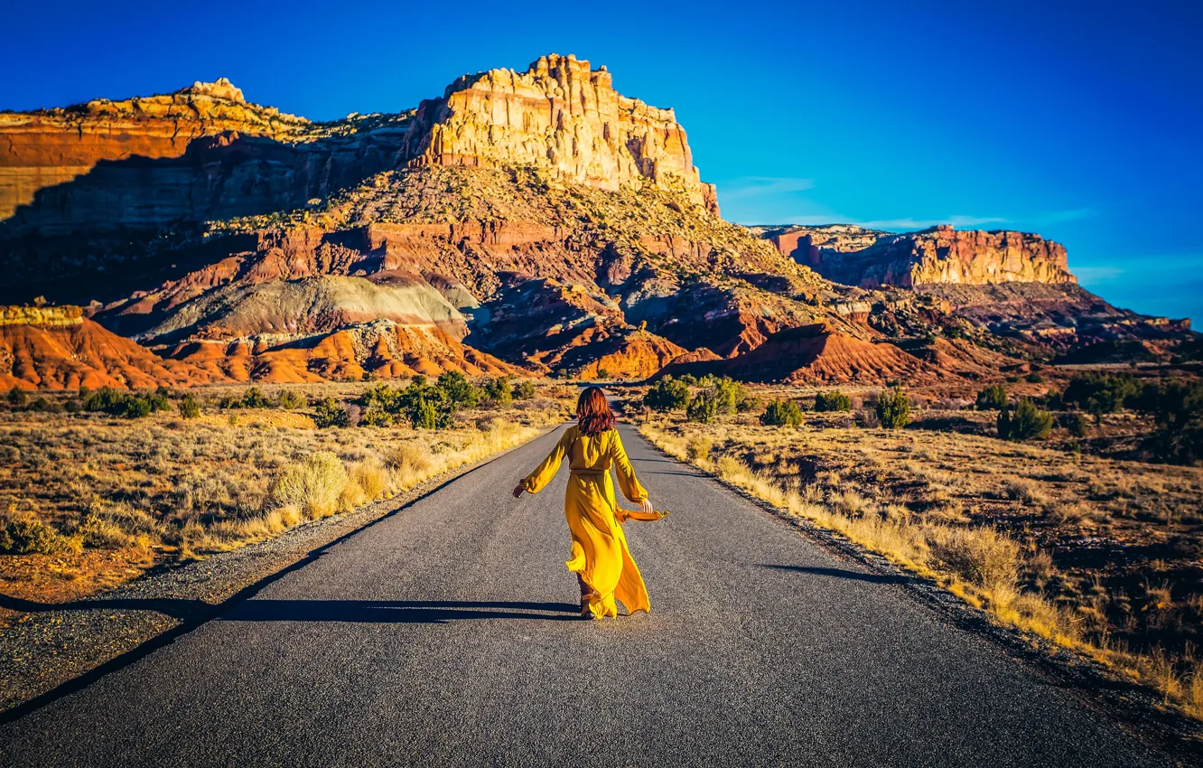 Photo wallpaper road, girl, mountains, nature, blue, dress, in yellow