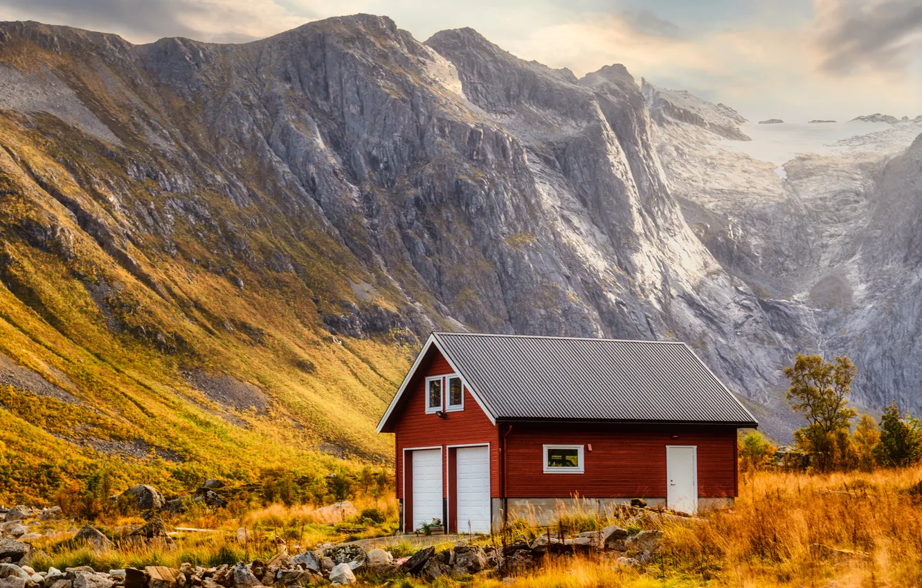 Photo wallpaper field, autumn, clouds, mountains, house, rocks, vegetation, the slopes