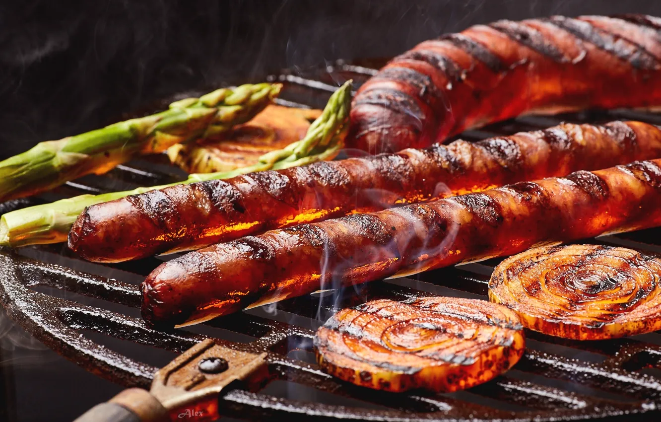 Photo wallpaper sausage, bow, asparagus, grill