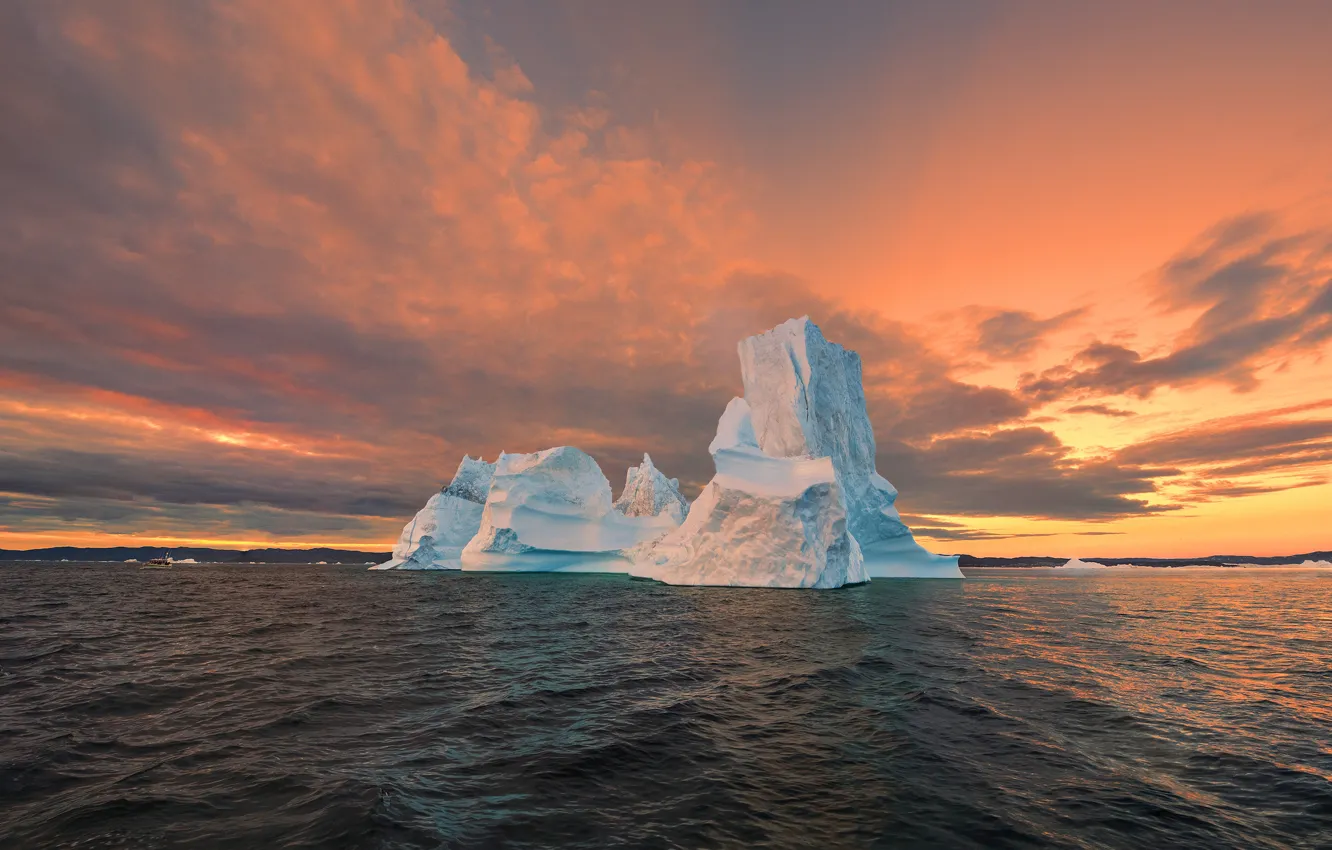 Photo wallpaper ice, sea, the sky, water, clouds, light, sunset, orange