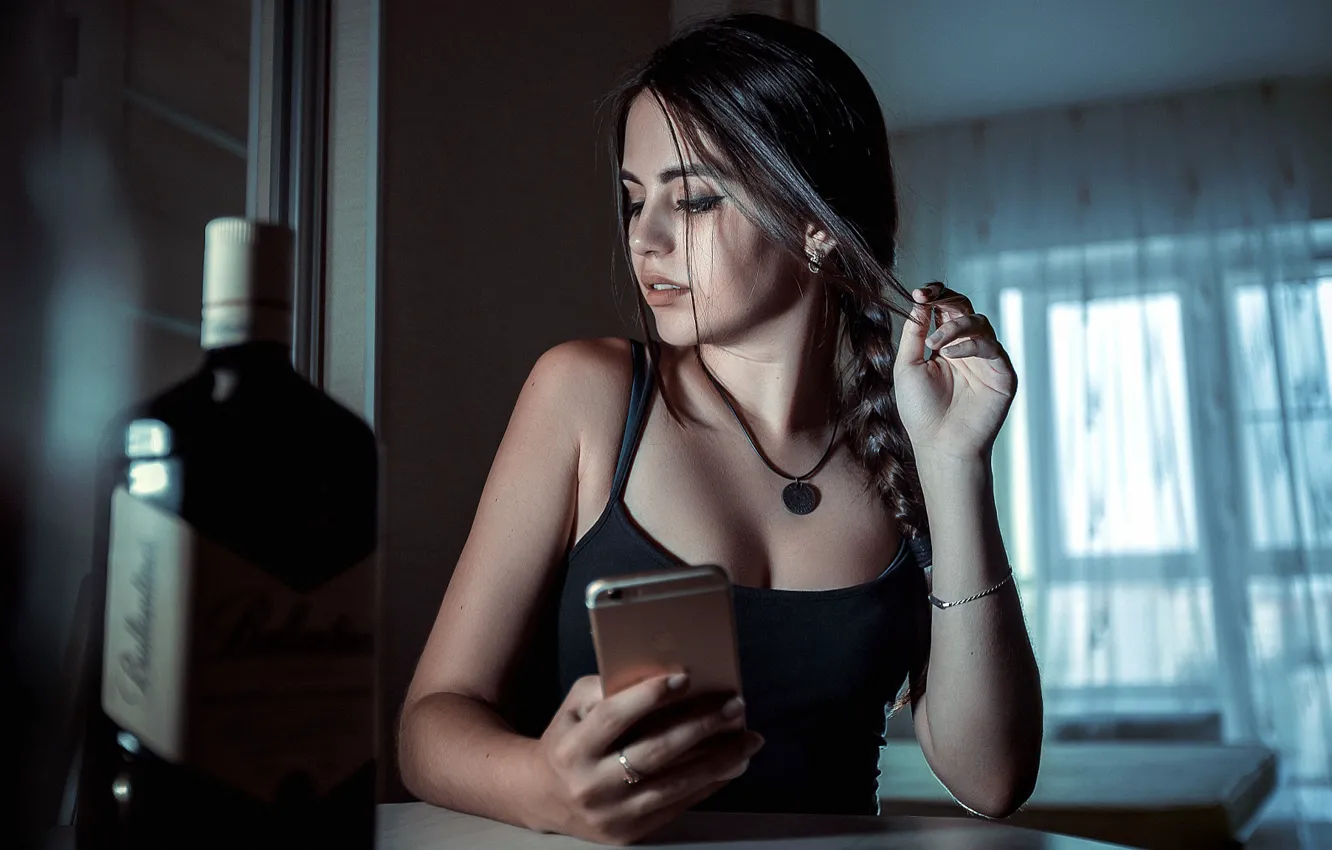 Photo wallpaper black, bottle, portrait, makeup, Mike, brunette, hairstyle, braids