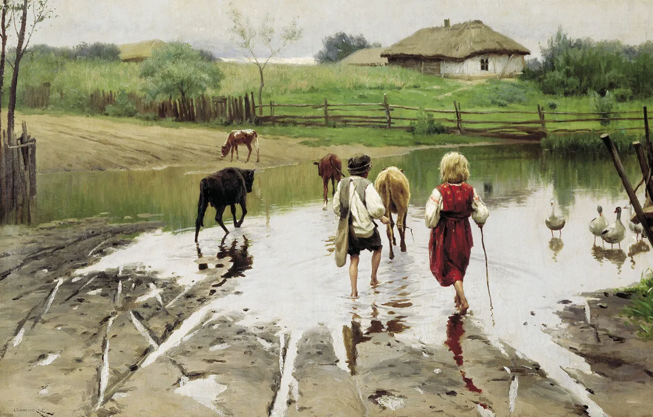 Photo wallpaper children, animal, oil, picture, puddle, canvas, Ford, Nikolai Pimonenko