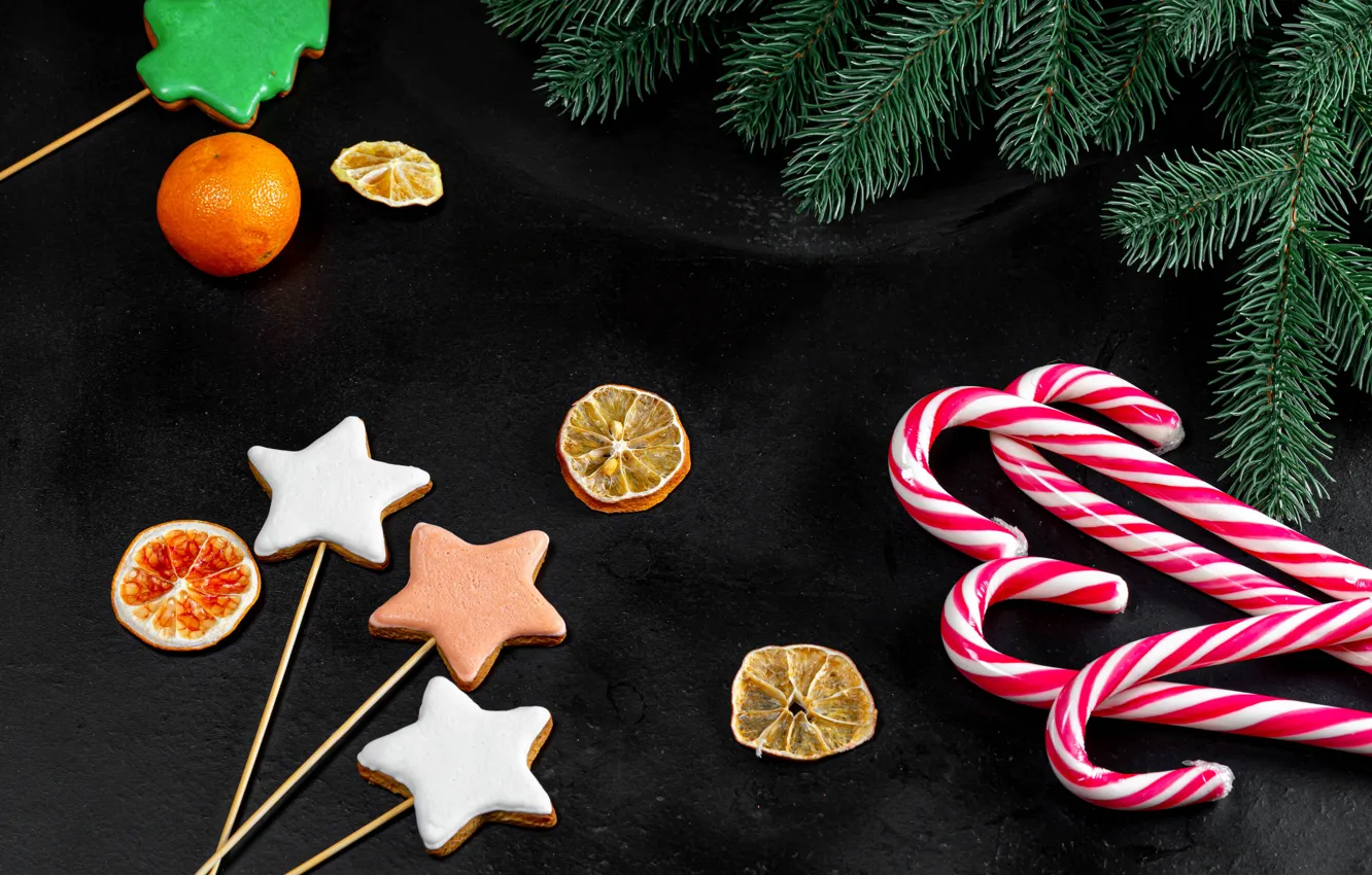 Photo wallpaper new year, cookies, Christmas, candy, lollipops, tangerines, spruce branches
