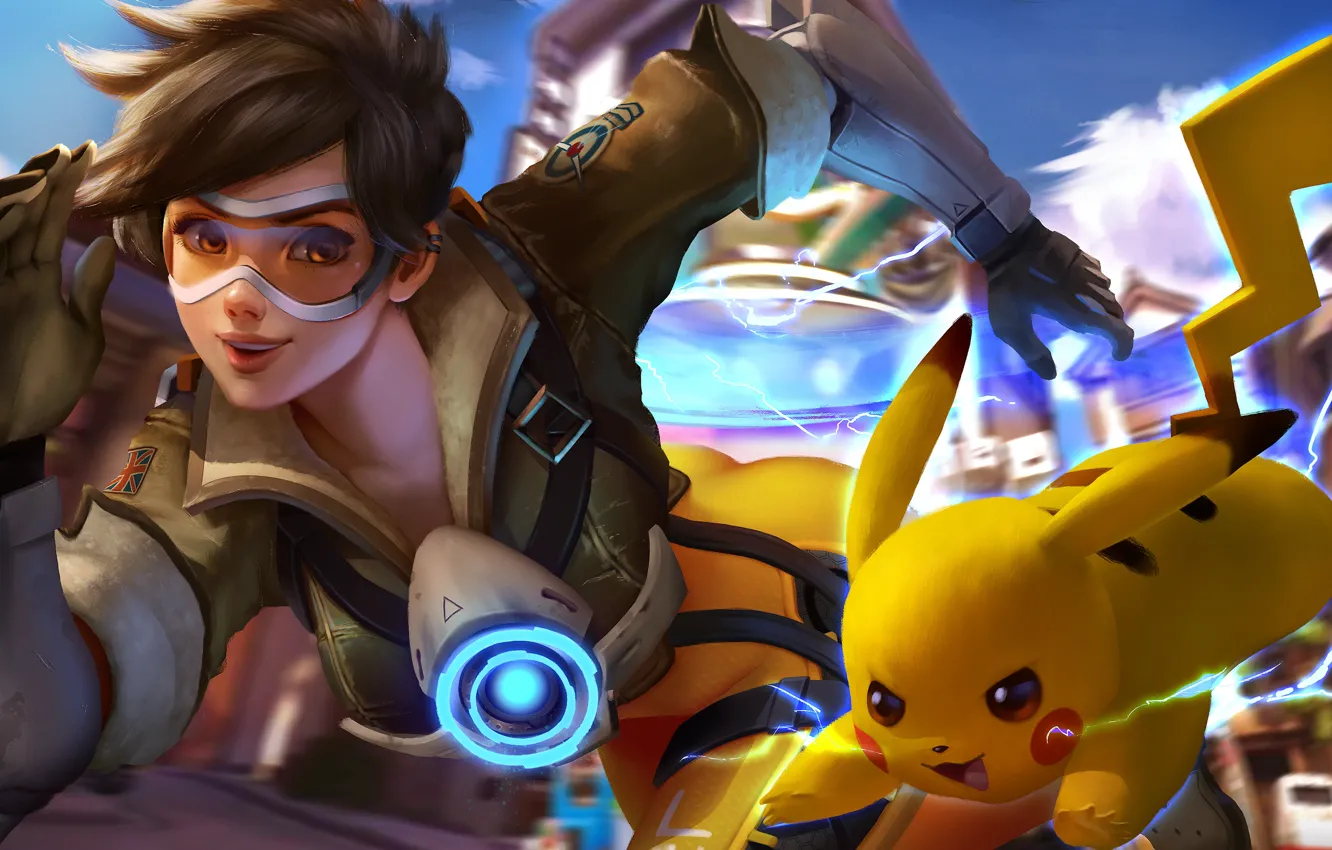 Photo wallpaper crossover, Pikachu, tracer, overwatch