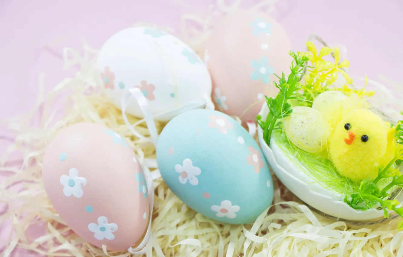Photo wallpaper eggs, Easter, hay, Holiday