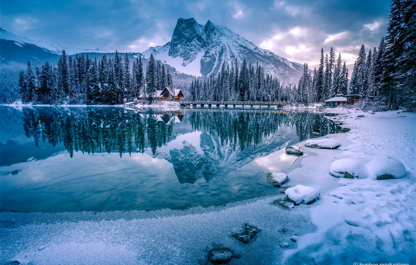 Photo wallpaper winter, forest, mountains, nature, lake, house