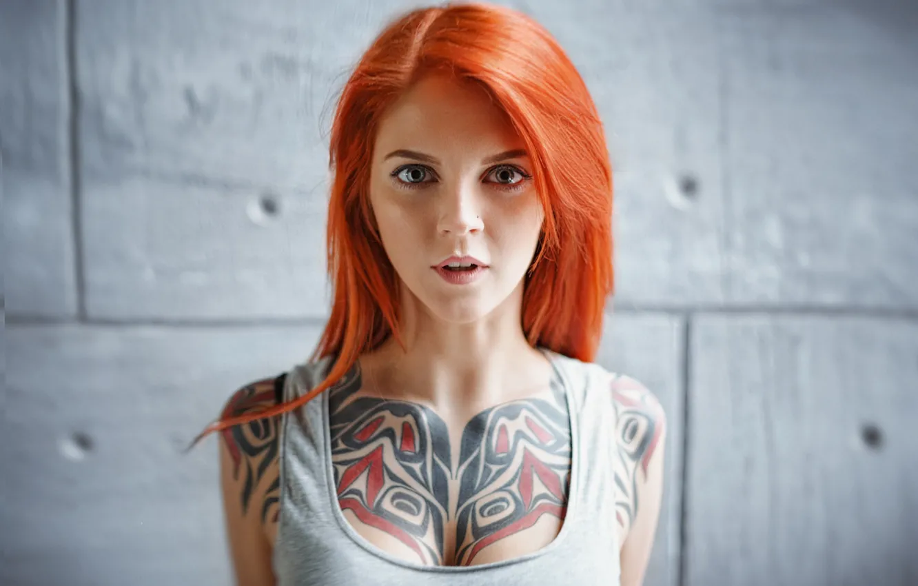 Photo wallpaper look, wall, portrait, makeup, Mike, tattoo, hairstyle, red