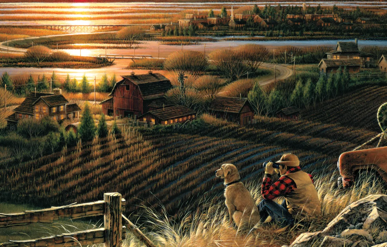 Photo wallpaper field, autumn, sunset, bridge, river, home, dog, the evening