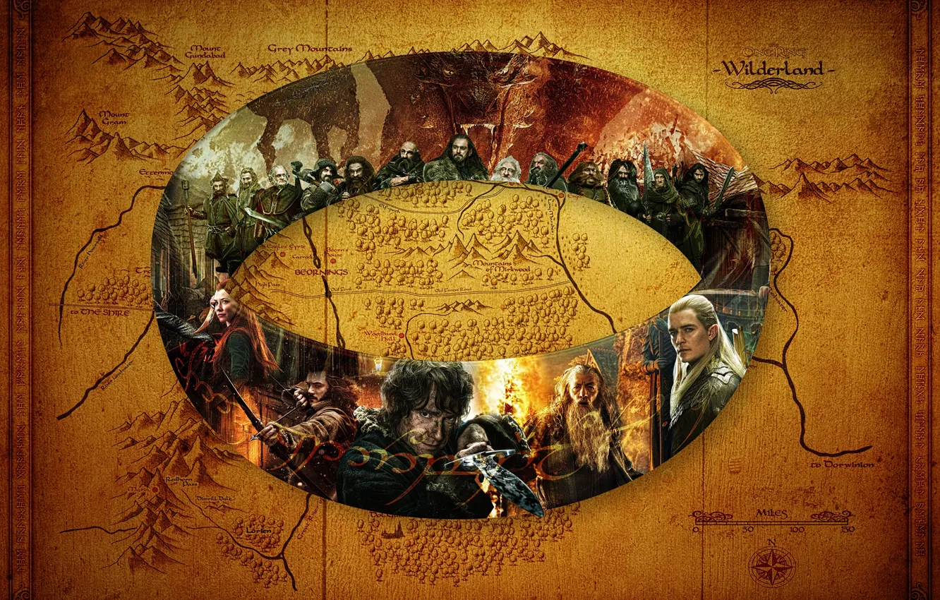 Photo wallpaper Map, The Hobbit, Bilbo Baggins, Legolas, Tauriel, The One Ring, The Dwarves Of Erebor
