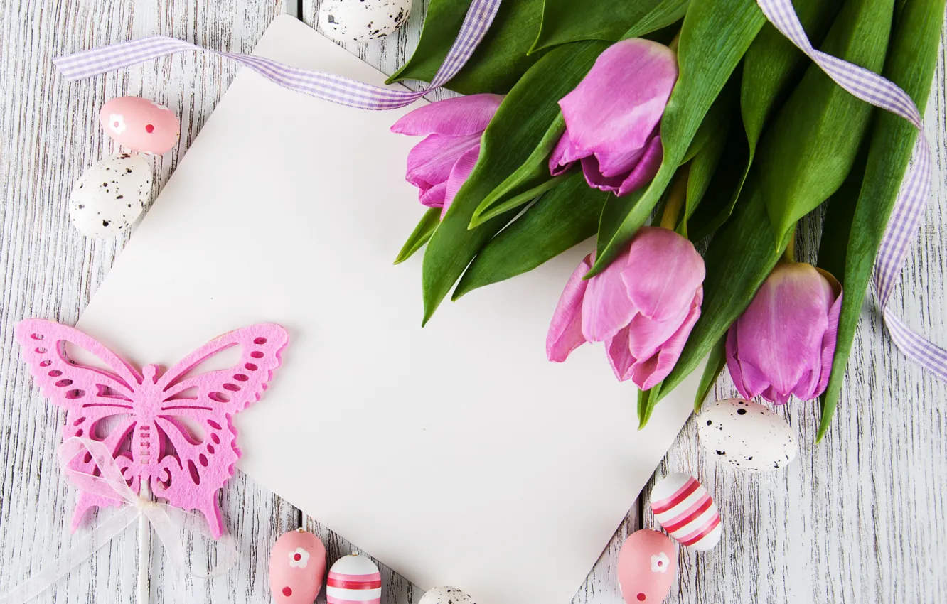 Photo wallpaper flowers, eggs, spring, colorful, Easter, tulips, wood, pink