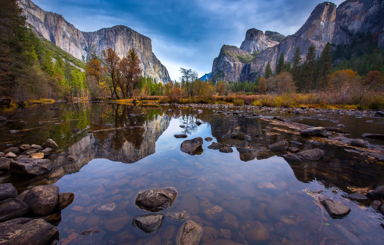 Photo wallpaper trees, mountains, river, stones, rocks, USA, Yosemite, Yosemite National Park
