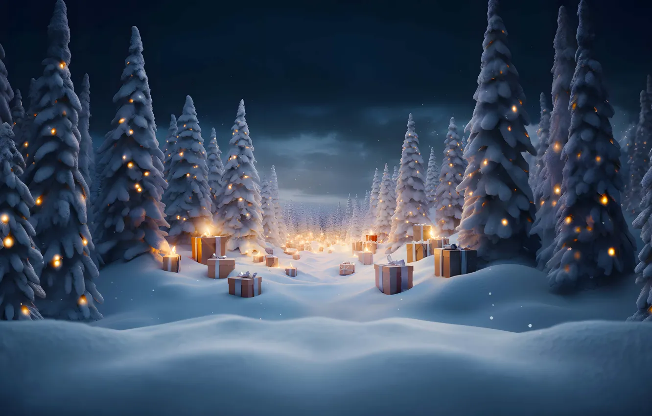 Photo wallpaper winter, forest, snow, night, lights, box, gift, tree