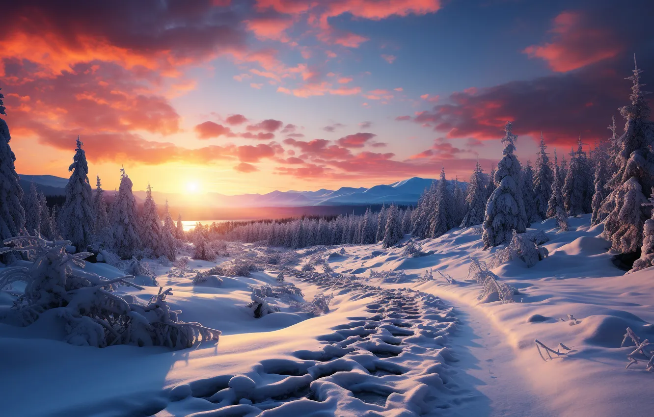 Photo wallpaper winter, forest, the sun, clouds, snow, trees, sunset, nature