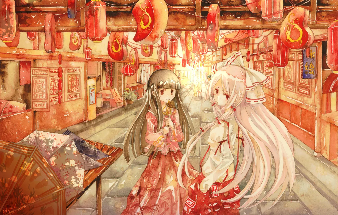 Photo wallpaper girl, smile, street, lights, long hair, touhou, art, Fujiwara no Mokou