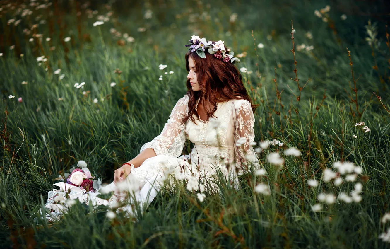 Photo wallpaper girl, mood, dress, brown hair, sitting, wreath, in white, in the grass