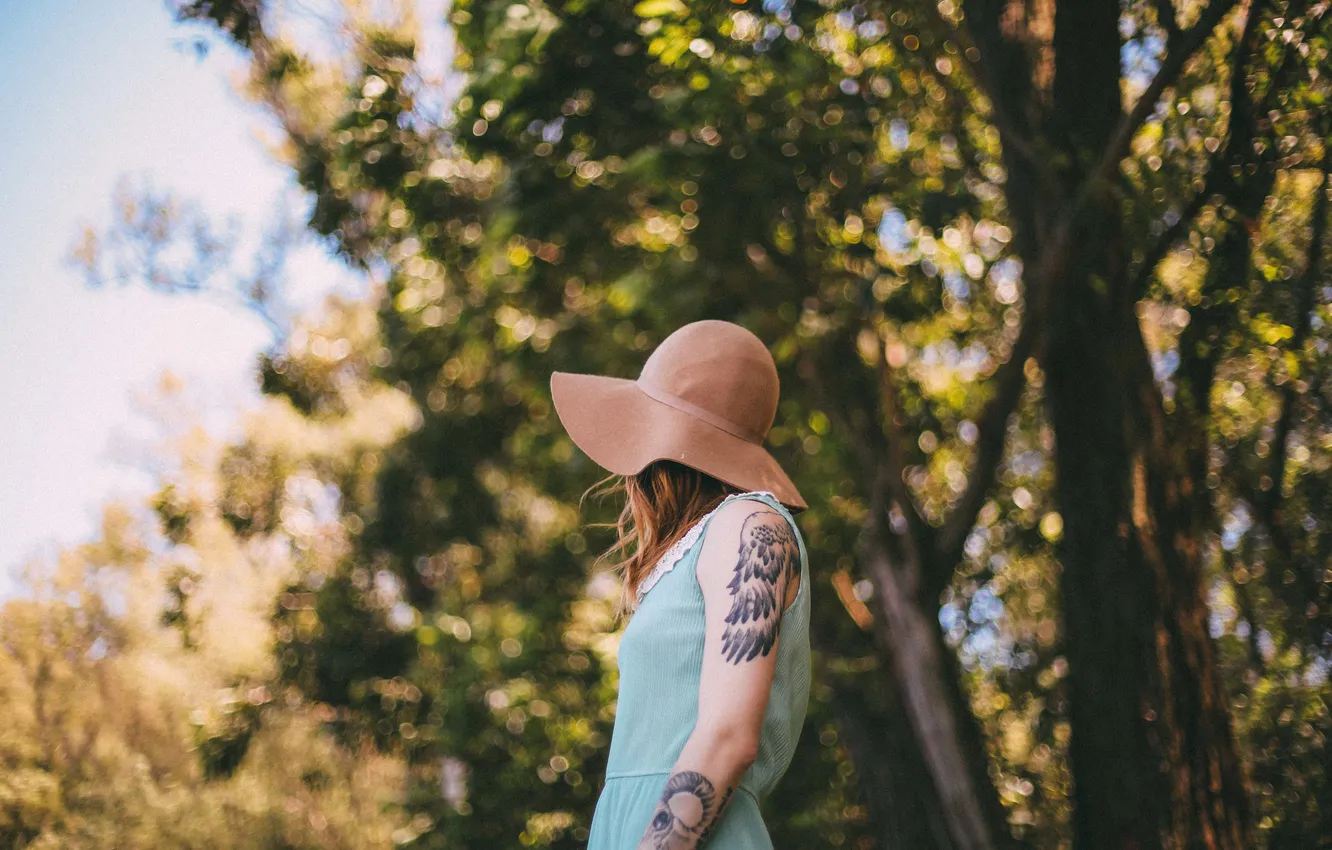 Photo wallpaper girl, hair, hat, tattoo, tattoo, curls