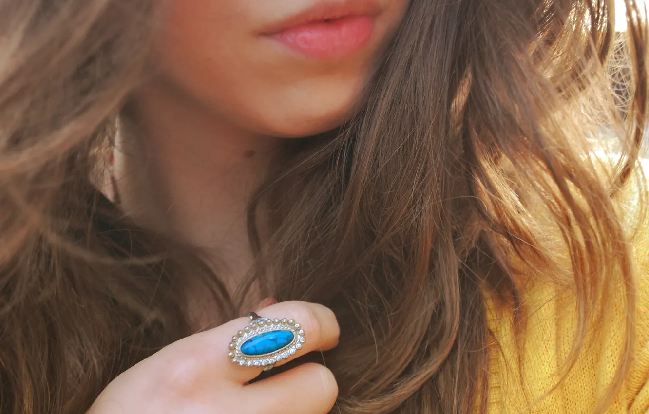 Photo wallpaper girl, hair, hands, ring, lips
