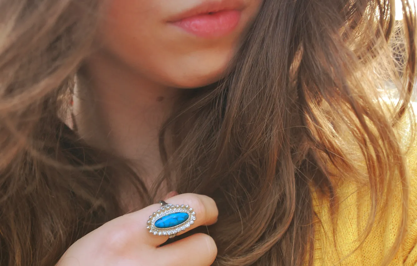 Photo wallpaper girl, hair, hand, ring, lips