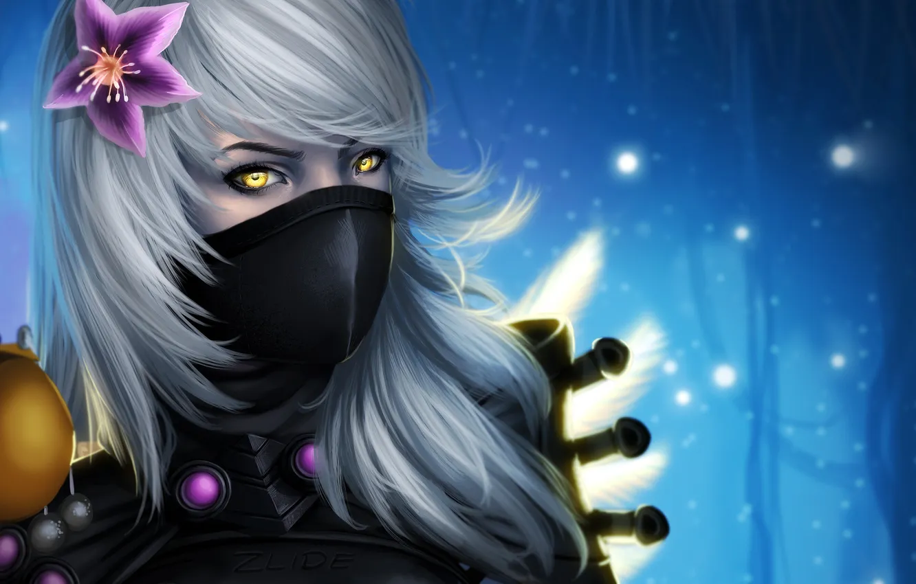 Photo wallpaper girl, flowers, fiction, hair, mask, art, yellow eyes