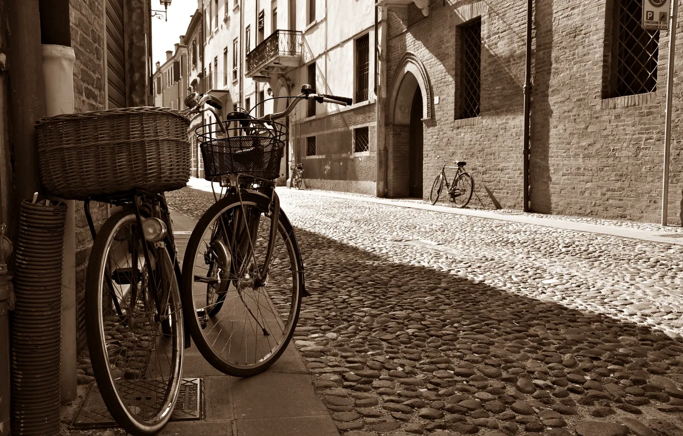 Photo wallpaper road, bike, the city, street, building, home, pavers, Italy