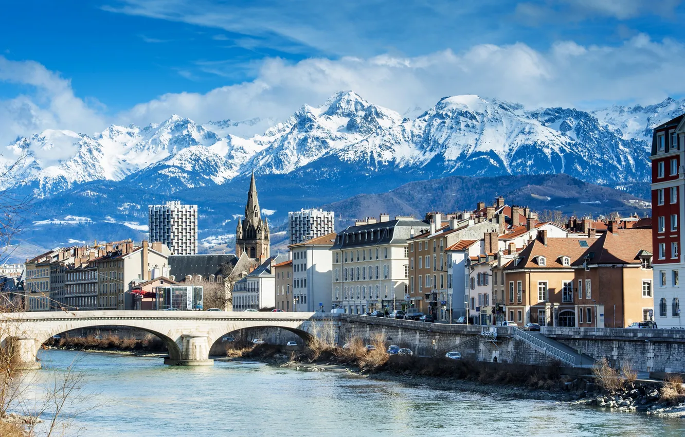 Photo wallpaper clouds, snow, landscape, mountains, bridge, river, France, home