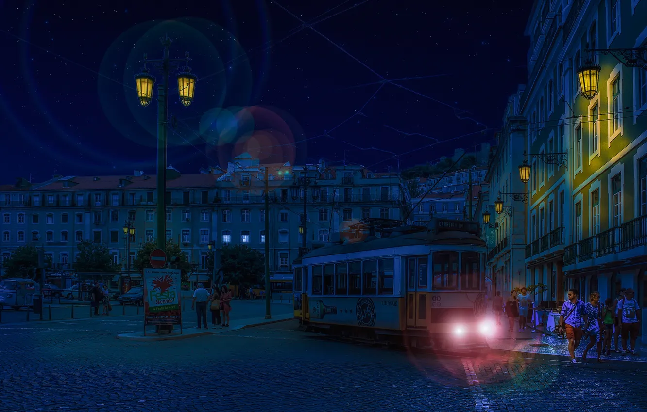 Photo wallpaper night, tram, Portugal, city lights, Lisbon