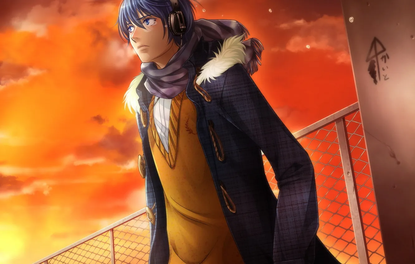 Photo wallpaper the sky, headphones, tears, guy, vocaloid, kaito