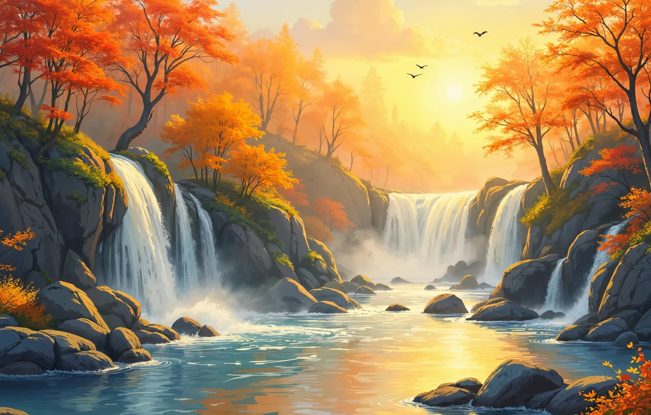 Photo wallpaper The sun, Waterfall, Trees, Birds, Stones, Dawn, Digital art, Autumn landscape