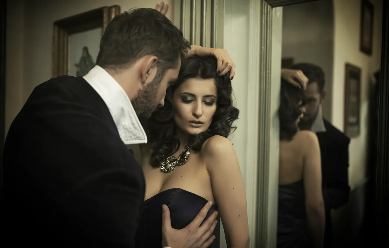 Photo wallpaper girl, mirror, brunette, male, curls