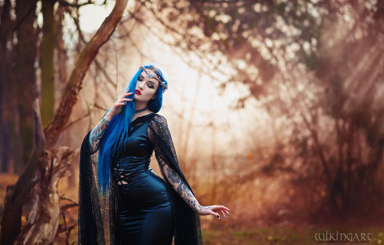 Photo wallpaper forest, girl, nature, pose, style, makeup, costume, bending