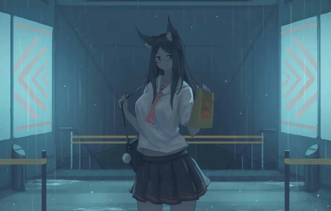 Photo wallpaper girl, rain, school uniform, ears, fast food